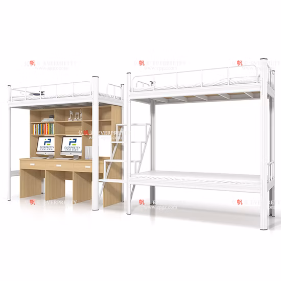 Schule und Arbeitswohnung, Schlafsaal, Einzelbett, Doppelbett, Dreibettzimmer, Kingsize-Bett, Queen-Size-Bett, Eisen, Stahl, Holz, Metallrahmen, Etagenbett für Erwachsene, Etagenbett mit Schreibtisch und Stauraum